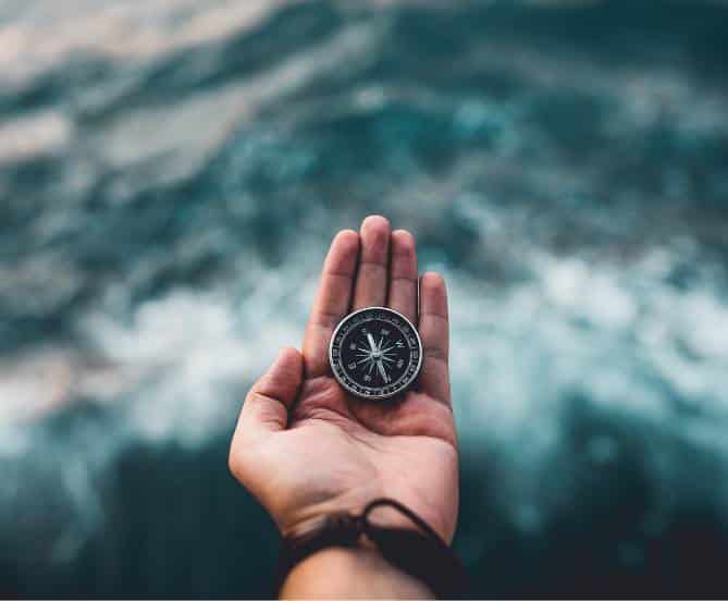 Hand holding a compass